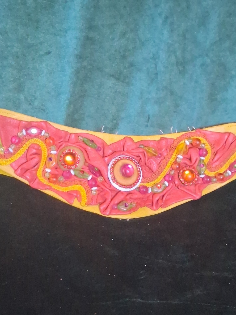 Vintage Boho Beaded Ruched Genuine Leather Statement Waist Belt Pink Yellow